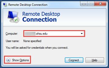 Remote Desktop Connection window. Computer field filled and highlighted. Show Options button selected.