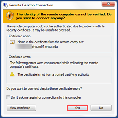 Remote Desktop Connection, The identity of the remote computer cannot be verified prompt. Yes button selected.