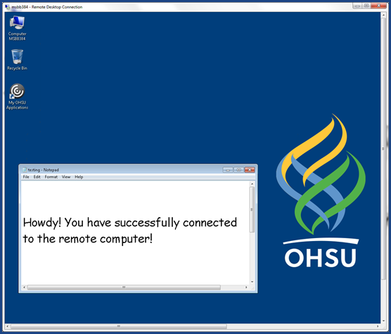 Remote Desktop window shown. Notepad window with You have successfully connected to the remote computer message shown.