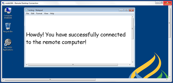 Remote Desktop Connection desktop. Close box selected.