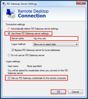 Remote Desktop Connection window. Connection settings, Server name, and Use my RD Gateway credentials for the remote computer fields highlighted.