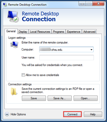 Remote Desktop Connection window. General tab active. Connect button selected.