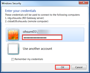 Windows Security Enter your credentials prompt. Username field filled. Password field filled and highlighted. OK selected.